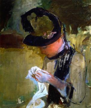 Woman in Black and Green Bonnet, Sewing Artwork by Mary Cassatt