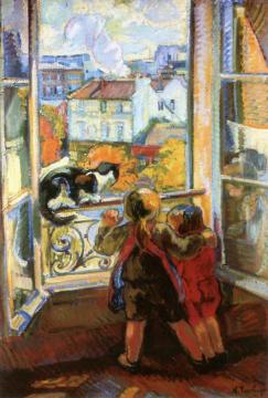 Two Children And Cat By The Window Artwork by Nicolas Tarkhoff