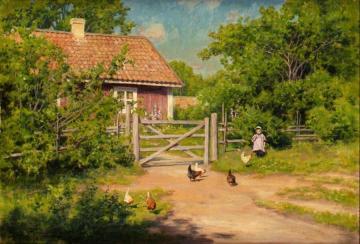 Child with Chickens Artwork by Johan Krouthén
