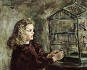 Girl with a Bird Artwork by Pyotr Konchalovsky