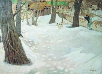 Winter Landscape with House and Dog Artwork by Isaak Brodsky