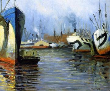 Ships in Harbor Artwork by Alfred Hutty