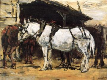 Harnessed Horses Artwork by Eugène-Louis Boudin