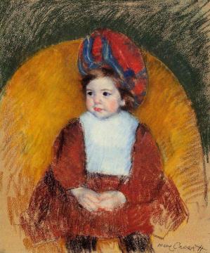 Margot in a Dark Red Costume Seated on a Round Backed Chair Artwork by Mary Cassatt