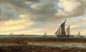 Sailboats and a rowboat in coastal waters Artwork by Salomon van Ruysdael