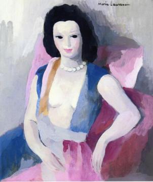 Woman with Exposed Bust Wearing a Pearl Necklace Artwork by Marie Laurencin