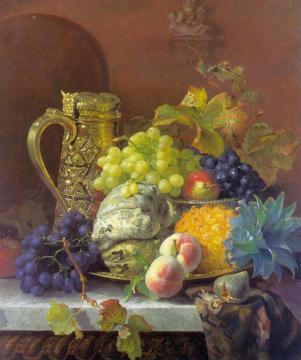 Fruits on a tray with a silver flagon on a marble ledge Artwork by Eloise Harriet Stannard