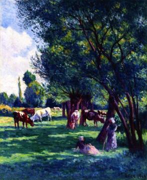 Bessy-sur-Cure, Peasants Guarding a Herd of Cows Artwork by Maximilien Luce