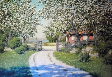 Cabin with blooming fruit trees Artwork by Johan Krouthén