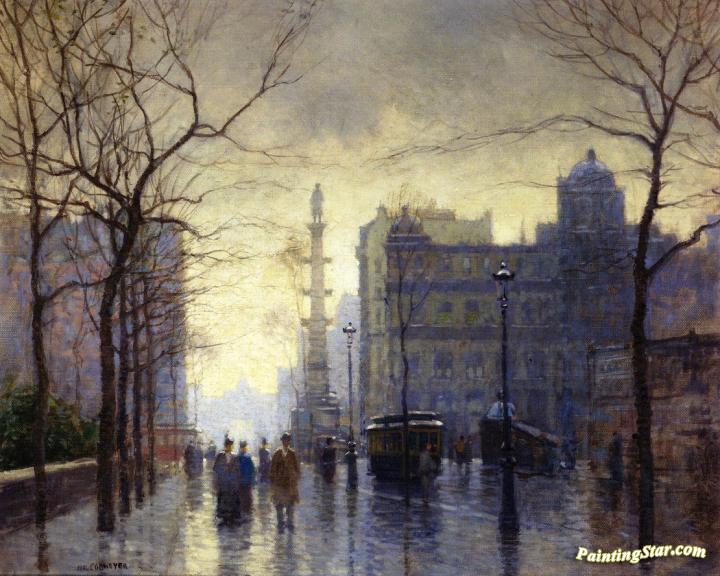 Rainy Day, Columbus Circle Artwork by Paul Cornoyer