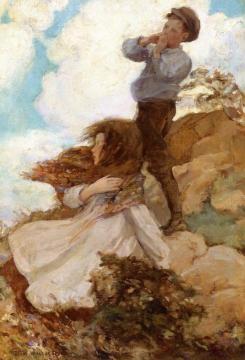 Two Children On A Windswept Hillside Artwork by Jessie Willcox Smith