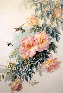 Roses with Hummingbird and Bumblebee Artwork by Raoul de Longpre