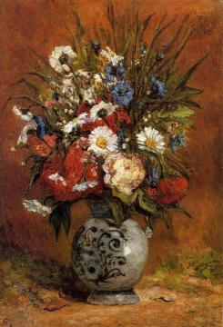 Daisies and Peonies in a Blue Vase Artwork by Paul Gauguin