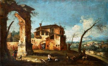 Capriccio View with Ruins of an Arch and Farmhouses Artwork by Michele Giovanni Marieschi