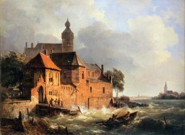 Men in boat at choppy sea Artwork by Cornelius Springer