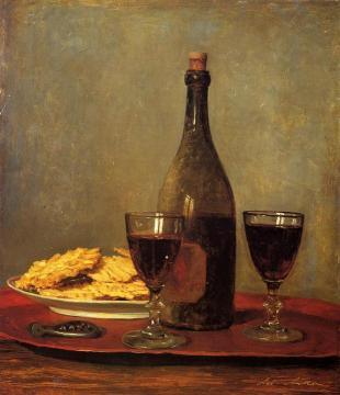 Still Life: Two Glass Of Red Wine, A Bottle Of Wine; A Corkscrew And A Plate Of Biscuits On A Tray Artwork by Albert Anker