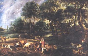 Landscape with Hunters, Cows and Wildfowl Artwork by Peter Paul Rubens
