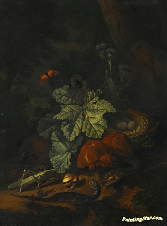 A Forest Floor Still Life with a Snake, a Snail, a Grasshopper, a Worm, a Lizard, etc. Artwork by Elias van den Broeck