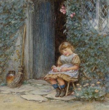 A Little Girl with Puppet Artwork by Helen Allingham