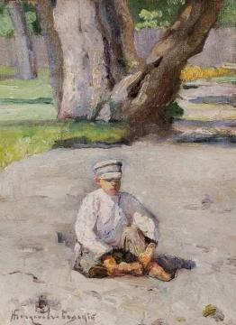 Boy sitting in front of a tree Artwork by Nikolai Petrovich Bogdanov-belsky