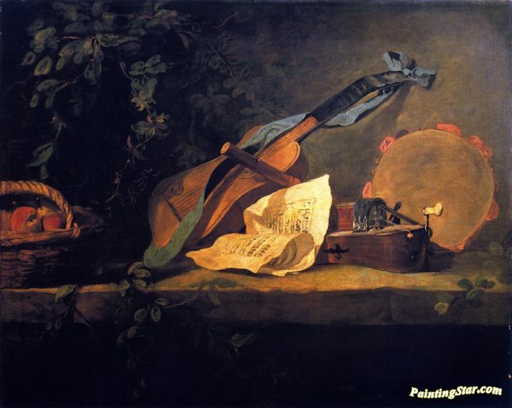 Musical Instruments and Basket of Fruit Artwork by Jean-Baptiste-Simeon Chardin