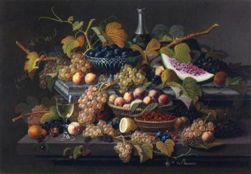 Elaborate Still Life with Silver Basket of Plums Artwork by Severin Roesen
