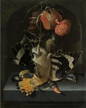 Still life with a hoopoe, a great tit, a falconry hood and a decoy whistle Artwork by Abraham Mignon