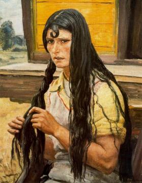 Gypsy Plaiting Her Hair Artwork by Dame Laura Knight