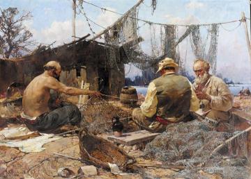 Fishermen Repairing Nets Artwork by Stepan Kolesnikov