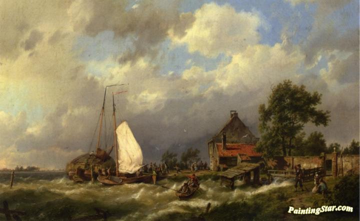 Boats Docking In An Estuary Artwork by Hermanus Koekkoek The Elder