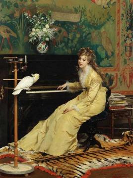 Woman At The Piano With A Cockatoo Artwork by Gustave-Leonard de Jonghe