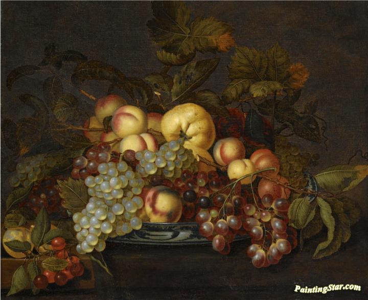 A still life with grapes, peaches and other fruit in a porcelain dish Artwork by Bartholomeus Assteyn