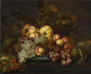 A still life with grapes, peaches and other fruit in a porcelain dish Artwork by Bartholomeus Assteyn