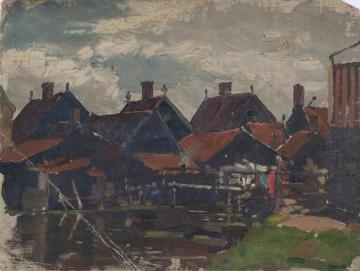 Sketch of Wooden Houses beside Pond (Holland) Artwork by Sir George Clausen