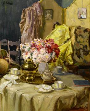 Interior With Flowers And Tea Set Artwork by Jacques Emile Blanche