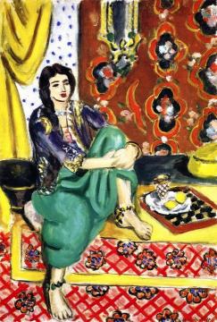 Seated Odalisque, Left Knee Bent, Ornamental And Checkered Background Artwork by Henri Matisse