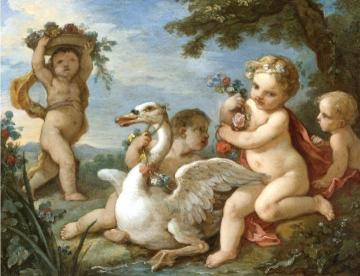 Putti Adorning a Swan with a Garland of Flowers Artwork by Charles-Joseph Natoire