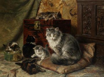 A Cat And Her Kittens At Play Artwork by Henriette Ronner-Knip
