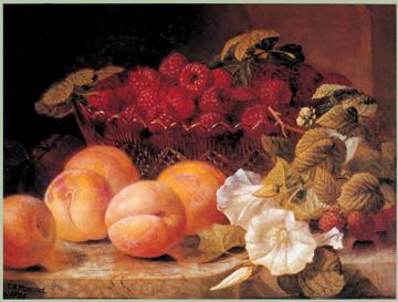 Bowl of raspberries and peaches Artwork by Eloise Harriet Stannard