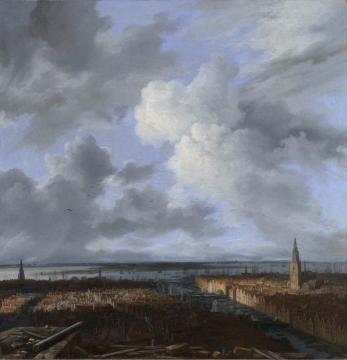A View of Amsterdam looking towards the IJ from the scaffolding surrounding the tower of Amsterdam.. Artwork by Jacob van Ruisdael