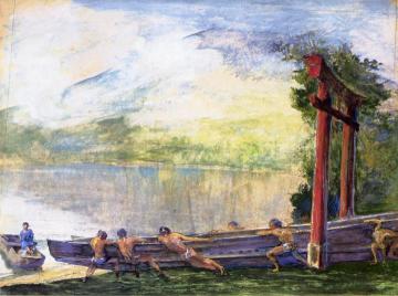A Torii on Shore of Lake Chusenji, Japan. Fishermen Pushing Out Their Boat Artwork by John La Farge
