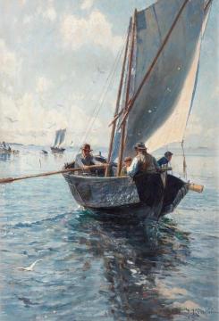 Fishermen in a boat Artwork by Johan Krouthén