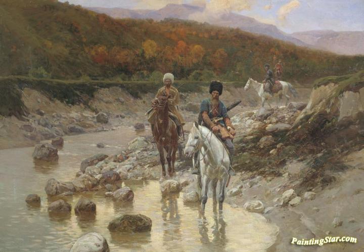 Cossacks In A Mountain Stream Artwork by Franc Alekseevic Rubo