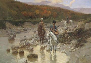 Cossacks In A Mountain Stream Artwork by Franc Alekseevic Rubo