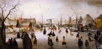 Ice Skating in a Village Artwork by Hendrick Avercamp