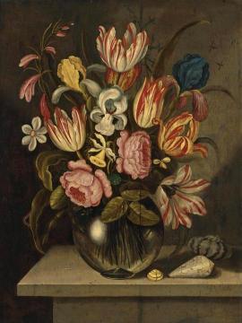 A Still Life Of Tulips, Roses, Irises And Daffodils In A Glass Vase Artwork by Ambrosius Bosschaert