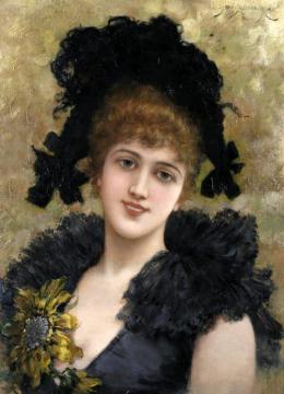 Portrait Of A Young Lady In A Black Dress With A Sunflower Artwork by Emile Eisman-Semenowsky