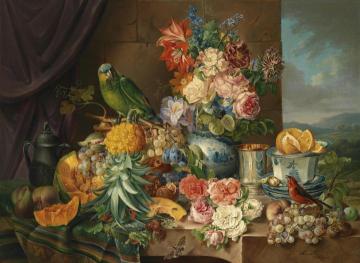 Still Life With Fruit, Flowers And Parrot Artwork by Joseph Schuster
