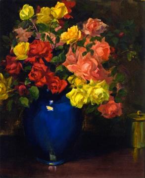 Roses in a Blue Vase Artwork by Jean Mannheim