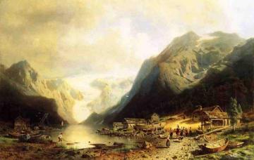 Fishermans Village On An Alpine Lake Artwork by Herman Herzog